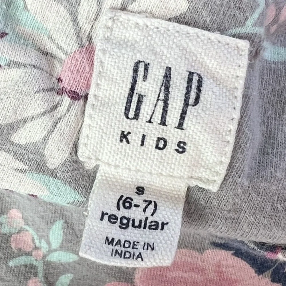 Gap Gray Top Pink Floral Blue Denim Ruffle Hem Long Sleeve‎ Shirt Girl Size 6/7